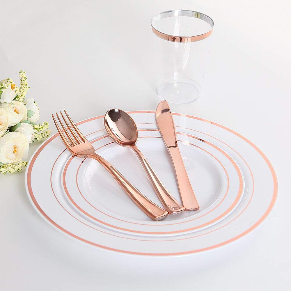 12 Stuks Wegwerp Servies Set Plastic Vorken Lepels Messen Rose Goud Servies Voor Lunch Diner Picknick Wedding Party Thuis