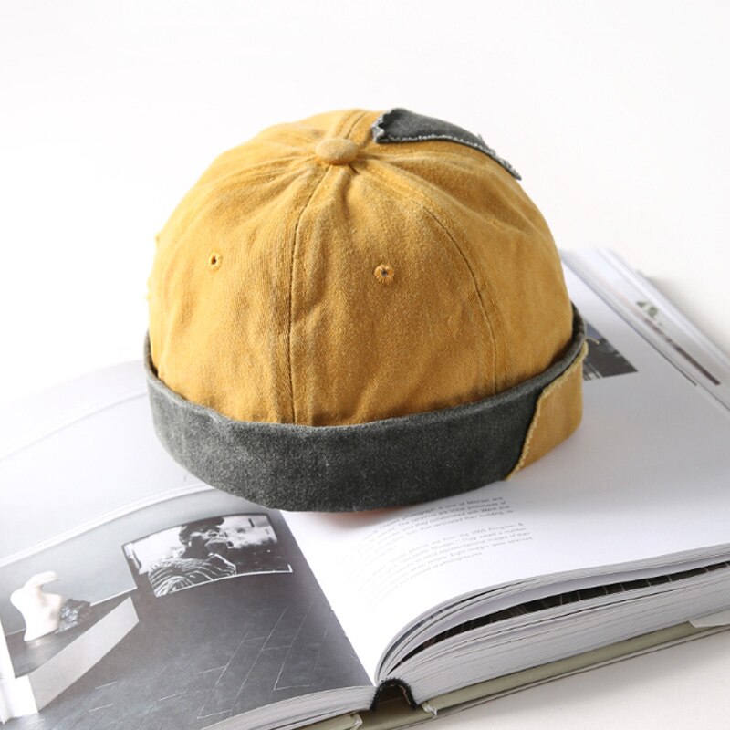 Vintage Hip Hop caps Men Washed Cotton Skull cap Adjustable Retro Brimless Hat Landlord Breathable Beanie Hat Sailor Cap: Yellow A