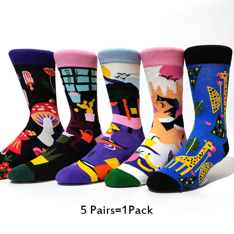 5 Paires/pack Happy Socks D'avocat Sushi Omelette Burger Pomme Nourriture Drôle Coton Chaussettes Femmes Chaussette Longue Hiver Femme: 5 Pairs-6