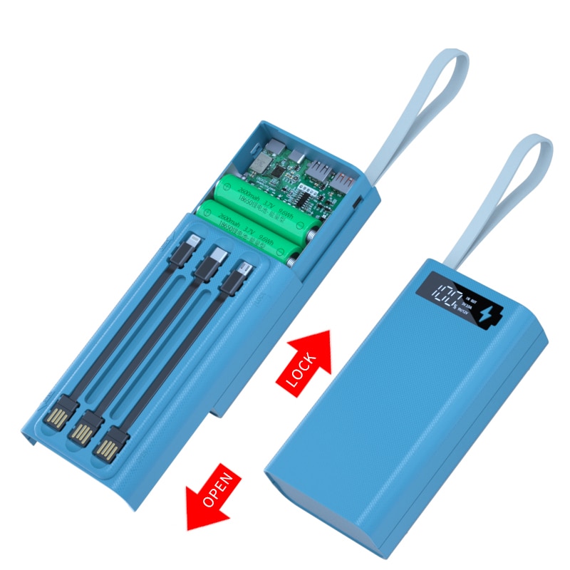 Blaues ladegerät-akkugehäuse, 12*18650 akkuhalter, ladebox pd -qi 10w 12v-1.5a, diy-powerbank für handy, drei usb-anschlüsse