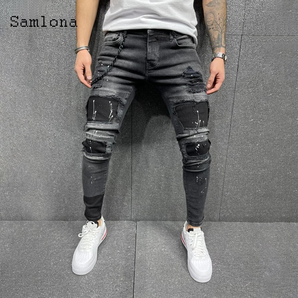 Samlona-pantalones vaqueros rasgados para hombre, estilo occidental, Punk, a la , de retales, pantalón pitillo,: XXL