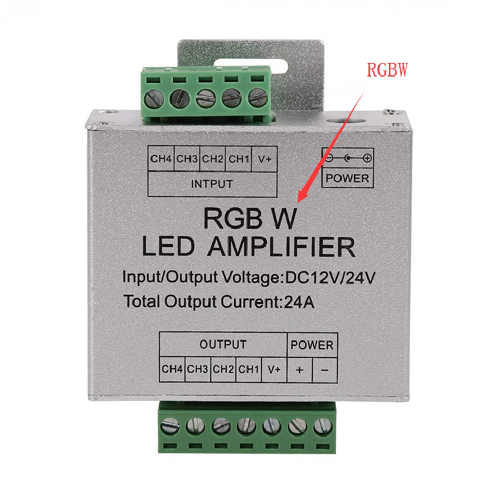 RGB RGBW Amplifier, DC12-24V 24A 4 Channel Output Circuit Aluminum Shell LED Strip Controller Data Signal Repeater