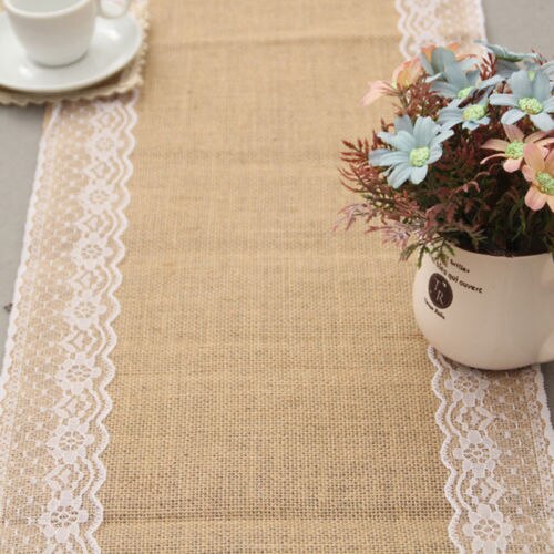 Aa hessian säckväv bordslöpare weding blomma spetsar naturlig rustik vintage dekor