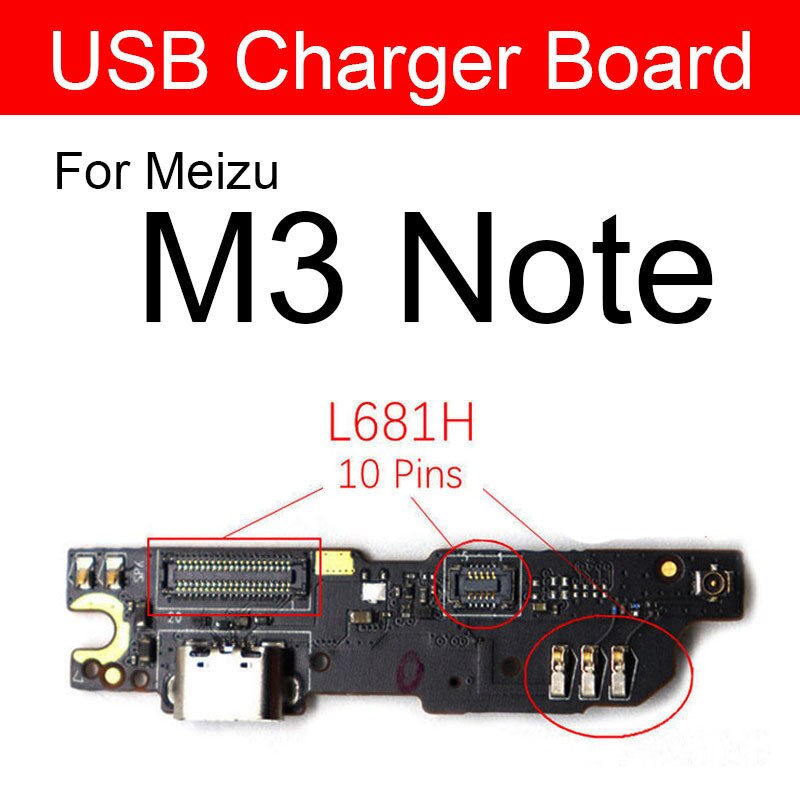 Usb-opladning oplader jack port board til meizu meilan  m1 m2 m3 m3s m5 m5s m6 s6 u10 u20 max note usb stik oplader board: M3 note  l681h