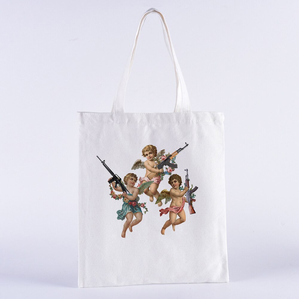 YOU CAN'T SIT WITH US Vintage Harajuku Angel Female College Canvas Shoulder Bag Casual Large Capacity White Totes: B0100-TBWH-M