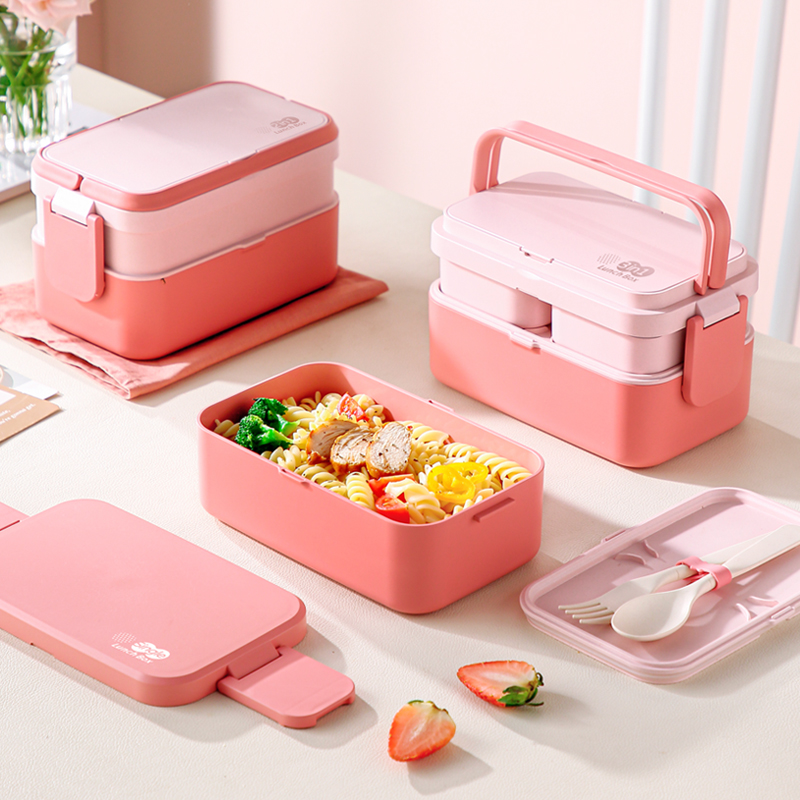 Boîte à lunch portable en fibre de bambou 3 en 1, double couche, bento, micro-ondes, cuillère, fourchette, femme, fille, école, enfant, pique-nique