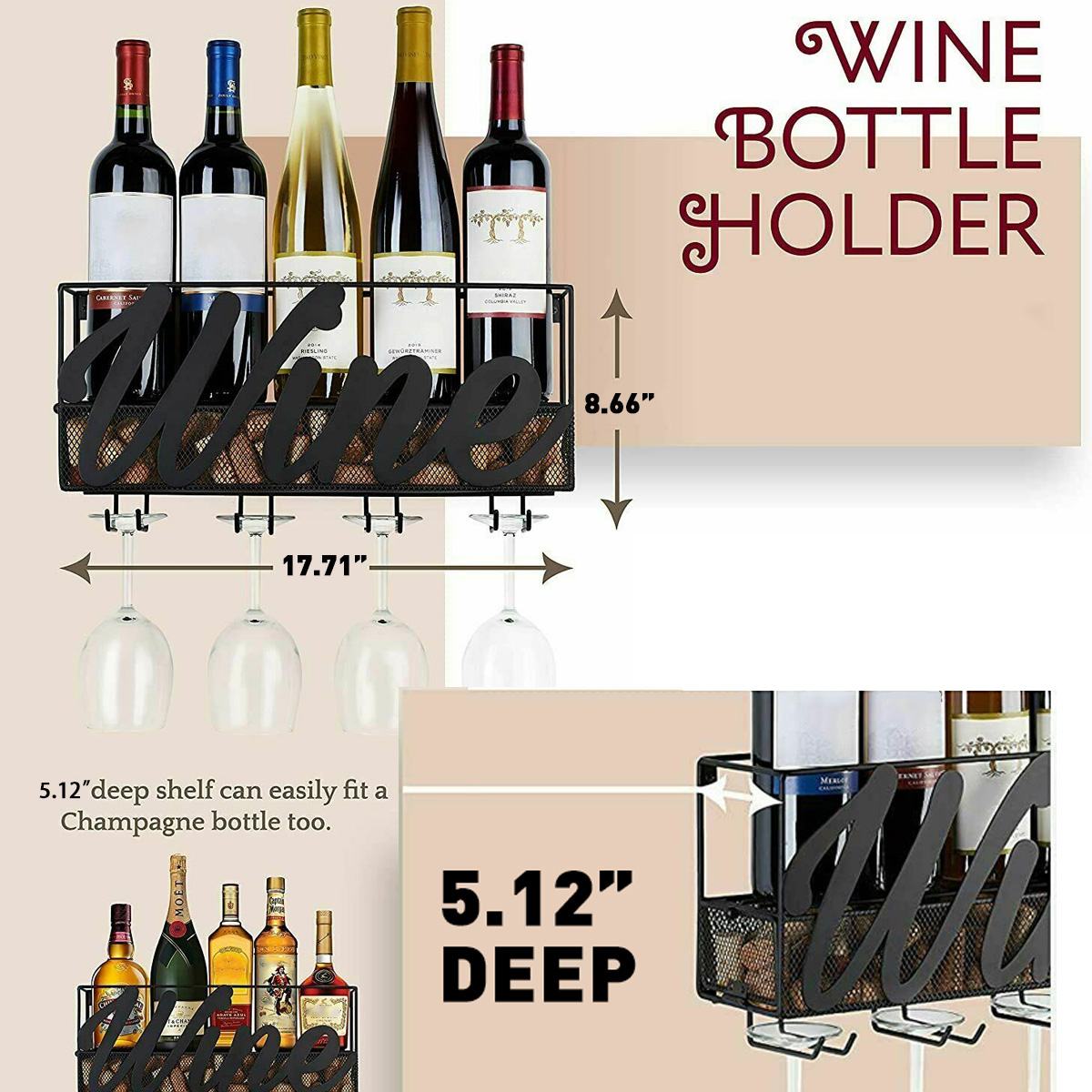 Jern vin rack hjem bar dekoration vægmonteret vinglas hængende holder bæger stilke opbevaring organisator rack med korkbakke