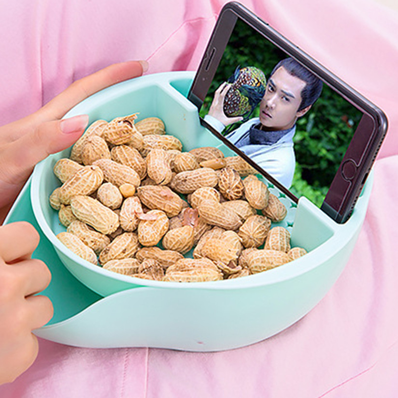 Goldbaking Double Layers Fruit Plate Lazy Snaks Tray Nut Bowl with Cell Phone Holder Slot Snack Serving Tray with Shell Storage