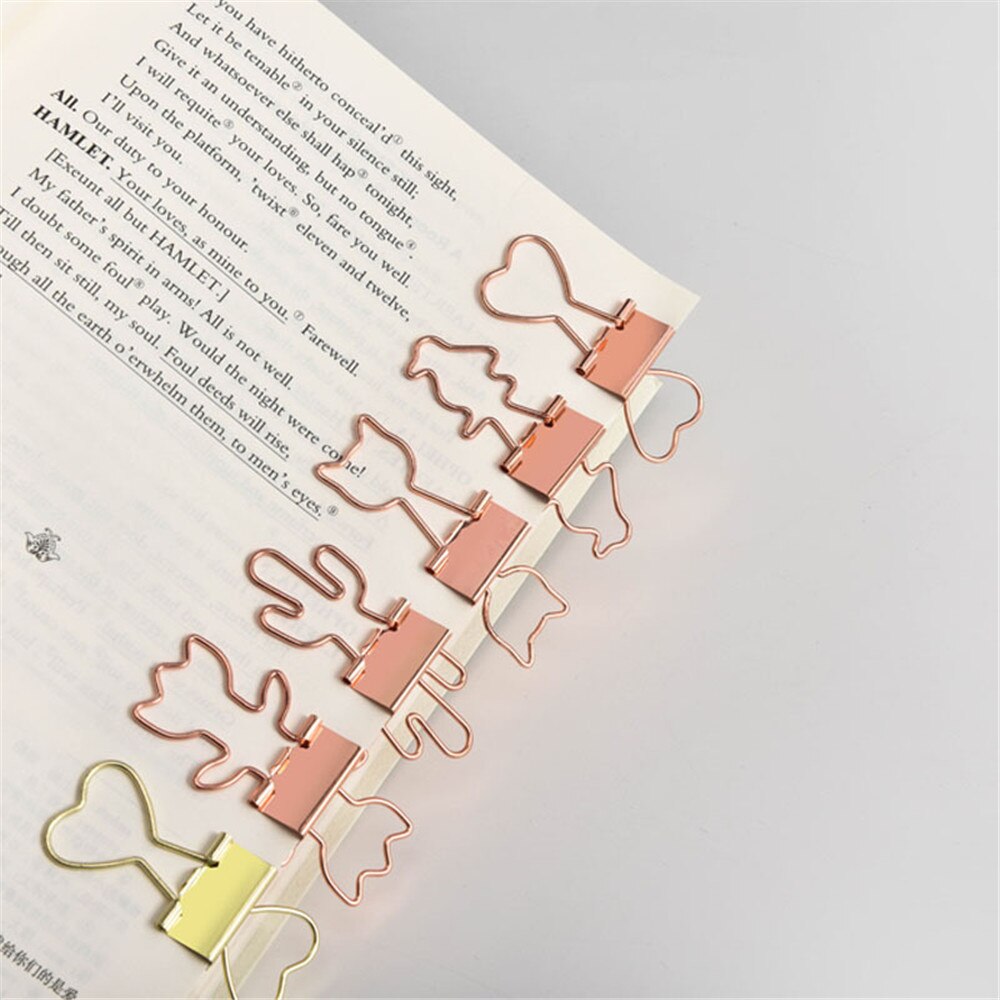 10pcs Cute Binder Clips Cat Hollow Out Cactus Penguin Shape Metal Binder Clamp Bookmark Kawaii Stationery School Office Supplies