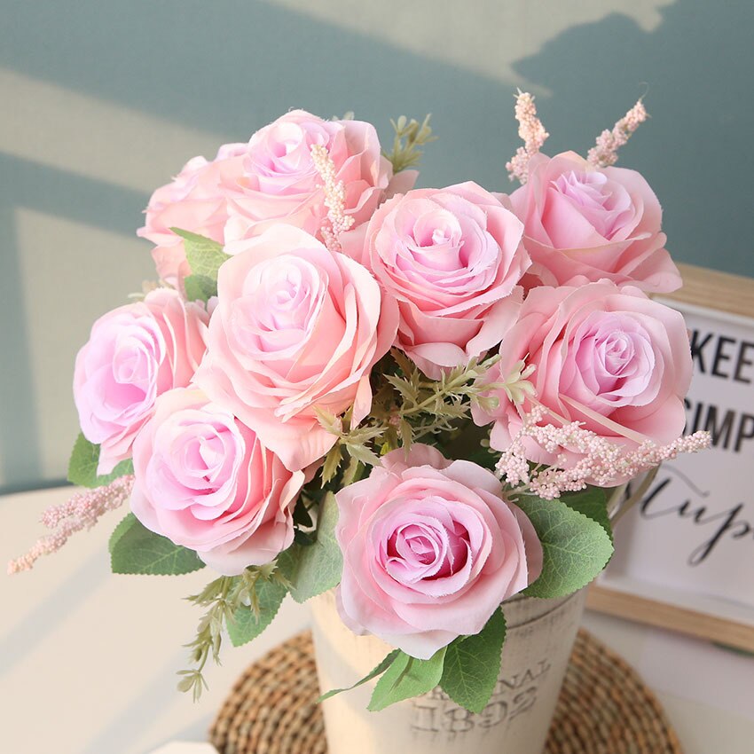 Ramo de rosas artificiales de seda púrpura, arreglo de flores de simulación para de boda, hogar, jardín, sala de estar, decoración de escritorio: Rosa