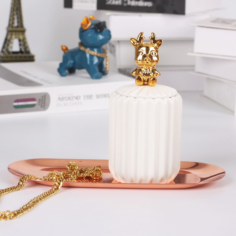 Pot de rangement en céramique plaqué or, pot de rangement, commode décorative, bijoux, cosmétiques, boîte de rangement, Animal mignon, artisanat de bonbons: O