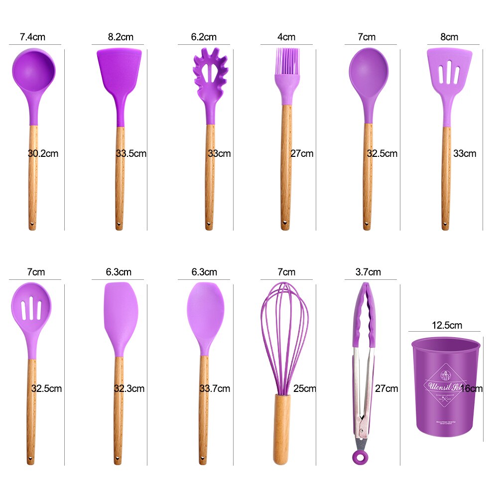 12PCS Silicone Turner Set Wooden Handle Non-stick Cooking Spatula Shovel Kit Kitchen Utensil with Bucket Baking Tools Cookware