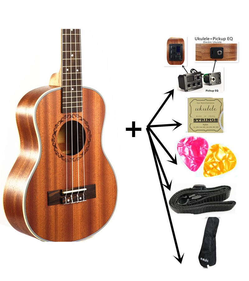 23" Ukulele 4 String Instruments Mini Hawaiian Guitar Rosewood Fretboard Sapele Electric Ukulele with Pickup EQ Uke Guitarra