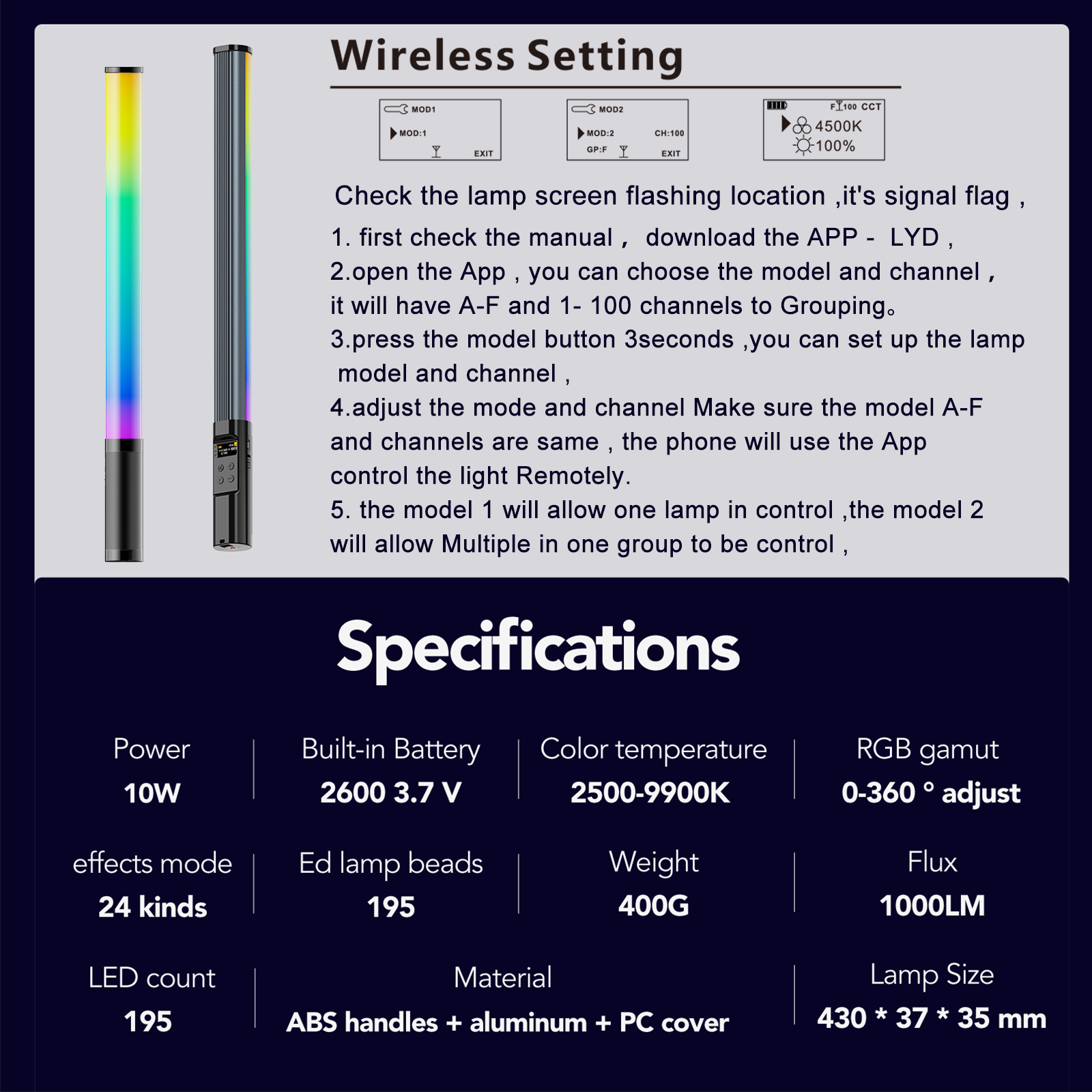 Rgb-fotografielichtstaaf, handzame led-videolichtstick 2700k-9900k ° kleuren 360 2600 mah oplaadbare batterij en app-afstandsbediening.