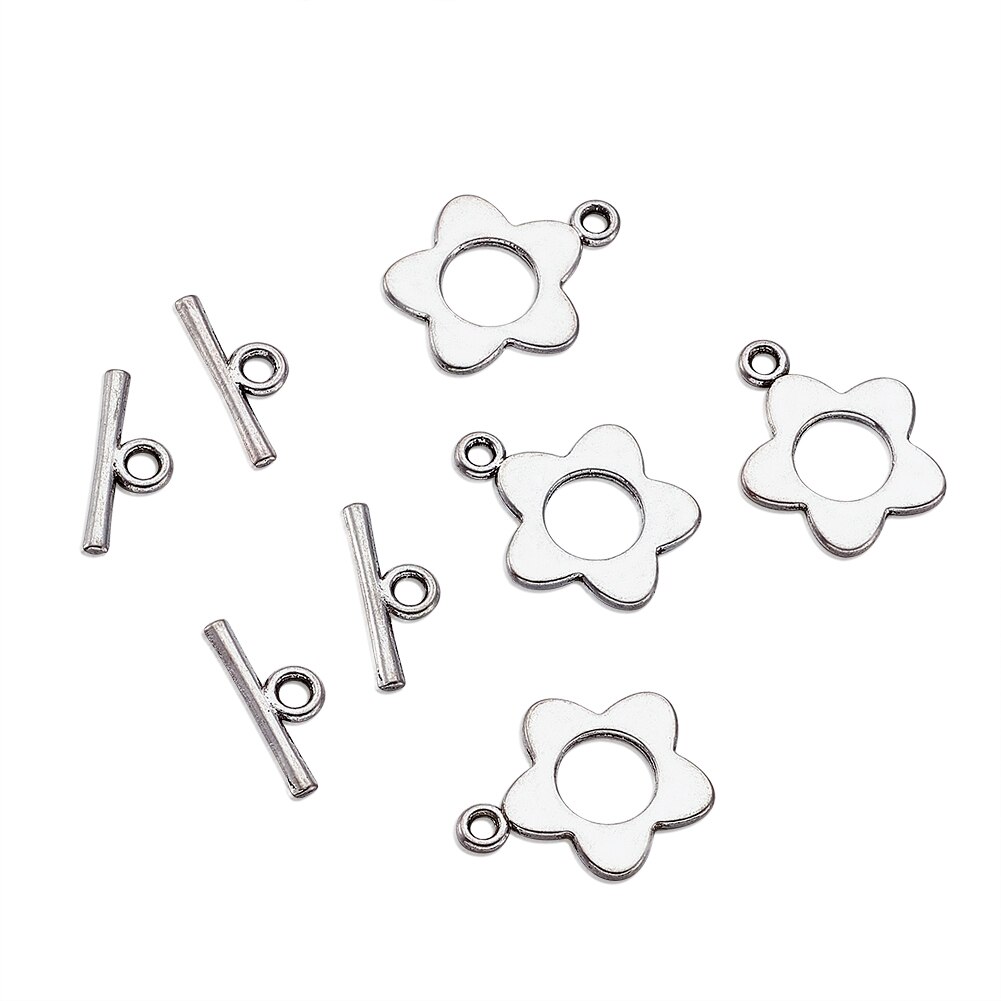20Sets Tibetaans Zilveren Bloem Toggle Sluitingen Antiek Zilver Loodvrije &amp; Nikkel Vrij En Cadmium Vrij, Toggle:16X20Mm, Tbar:16Mm Lange