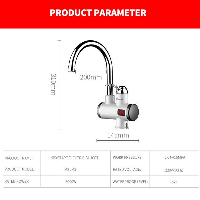 3000W Temperature Display Instant Water Tap Tankless Electric Faucet Kitchen Bathroom Cold Water Heating Heater With Shower
