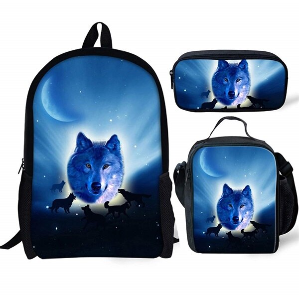 INSTANTARTS Cool Galaxy/Universe Wolf Print Schooltas voor Jongens 3 STUKS Set Rugzakken Kinderen Casual Middelbare School Student Rugzak: CC3223CGK