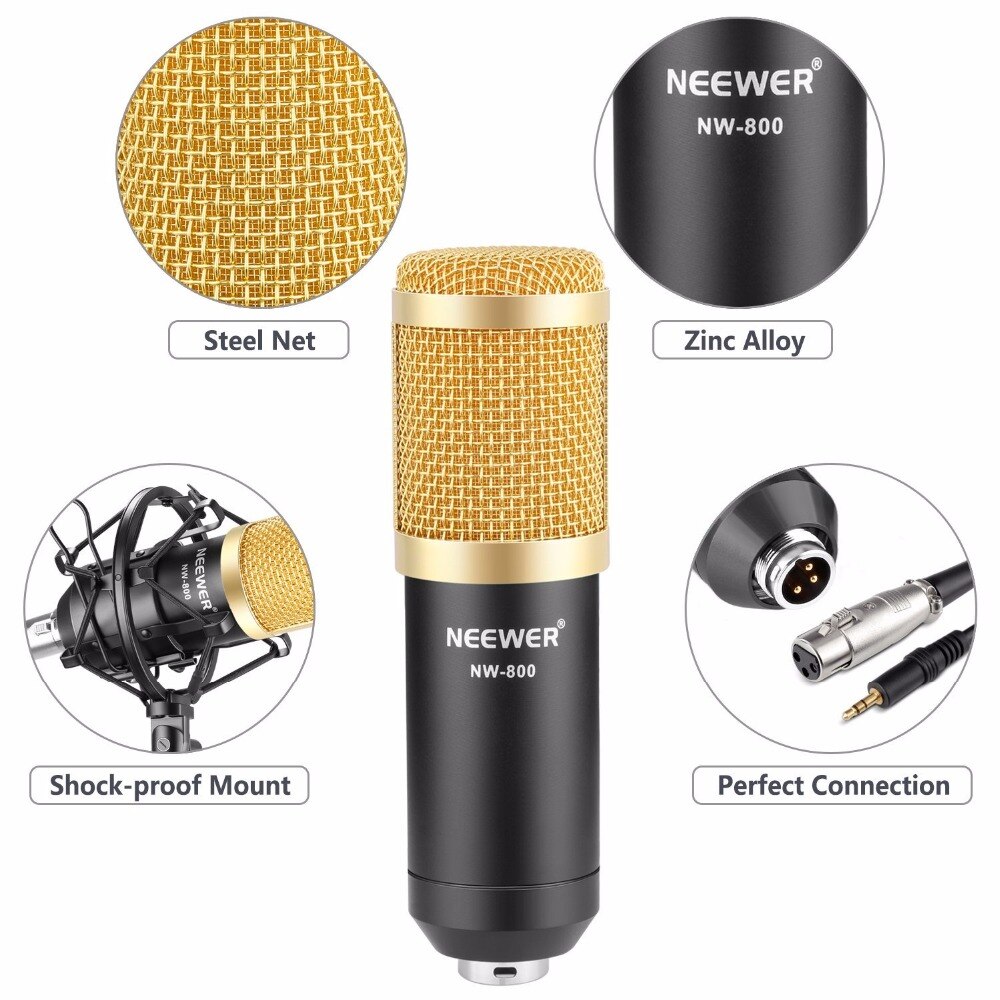 Neewer NW-800 Professionele Studio Broadcasting Recording Set Condensator Microfoon Bal type Anti-wind Schuim Cap Power Kabel Zwart