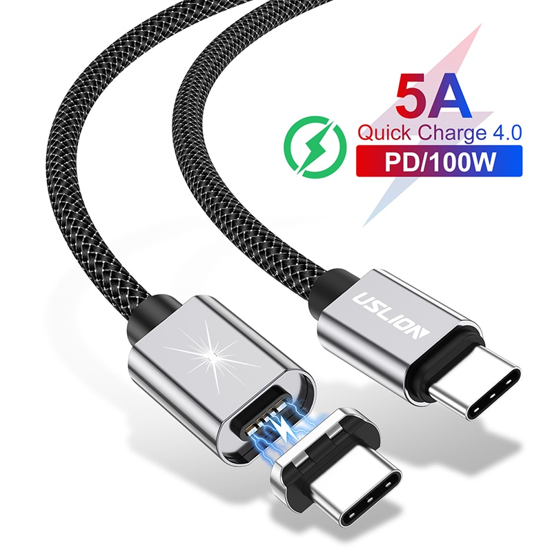 Cabo usb magnético uslion 5a tipo c, fio de carregamento super rápido para macbook 100w pd USB-C tipo c-c fio para xiaomi samsung note