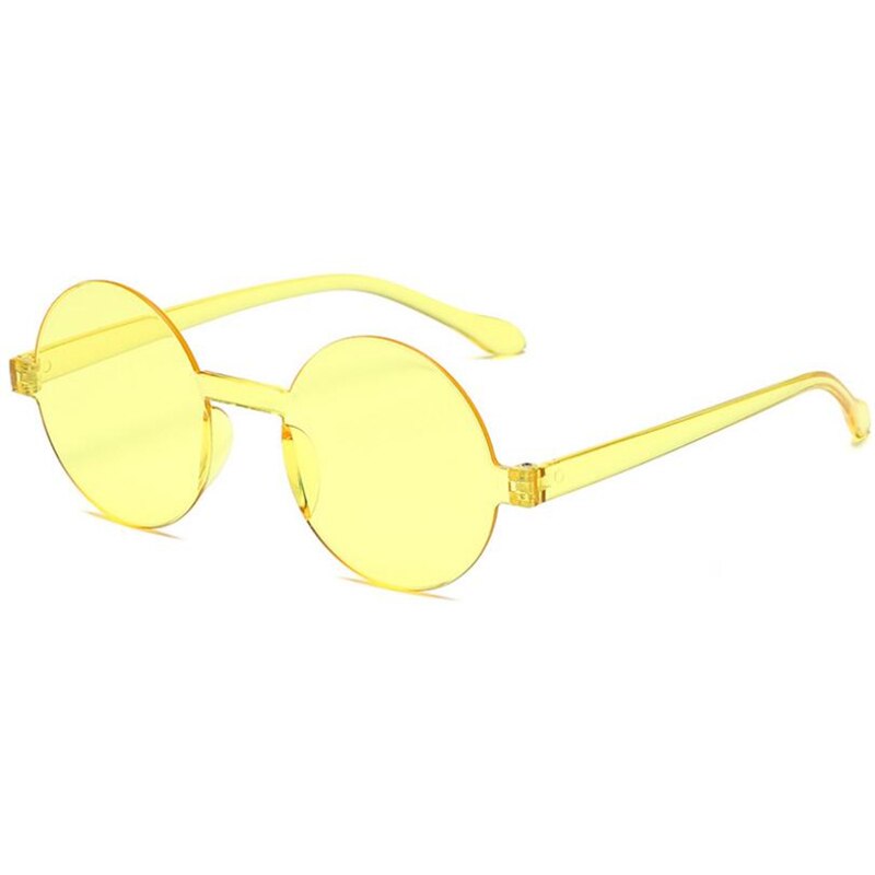 Candykleurige ronde zonnebril voor dames, vintage randloos, rood, geel, eendelige lens, trendy zonnebril voor heren en dames: Geel