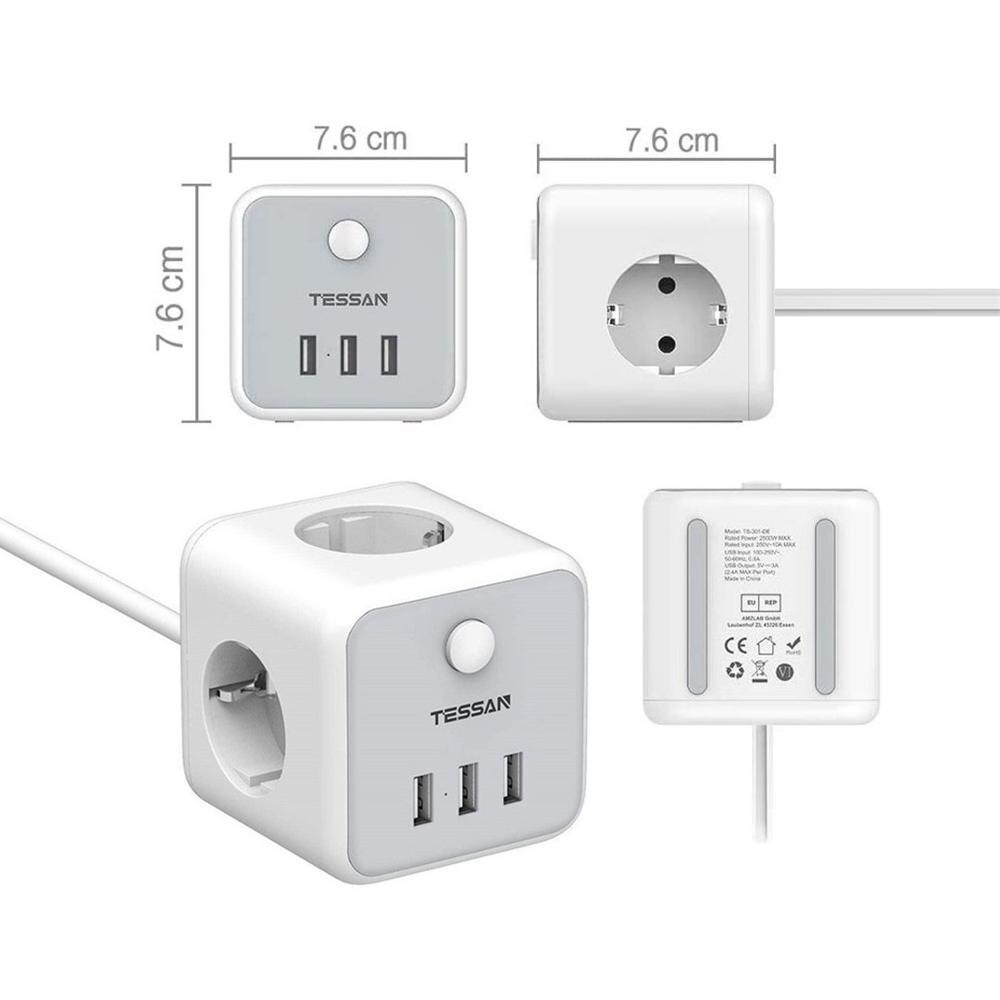 TESSAN Power Strip EU Socket Travel Power Strip with 3 AC Outlets and 3 USB Charging Ports On/Off Switch 1.5m/5ft Extension Cord