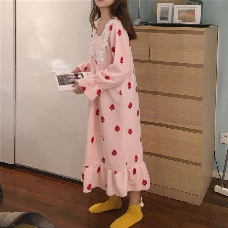 Nachthemden Vrouwen Kant Patchwork Vierkante Kraag Zoete Elegante Prinses Losse Lange Gedrukt Leuke Vintage Chic Simple Flare Mouw: pink