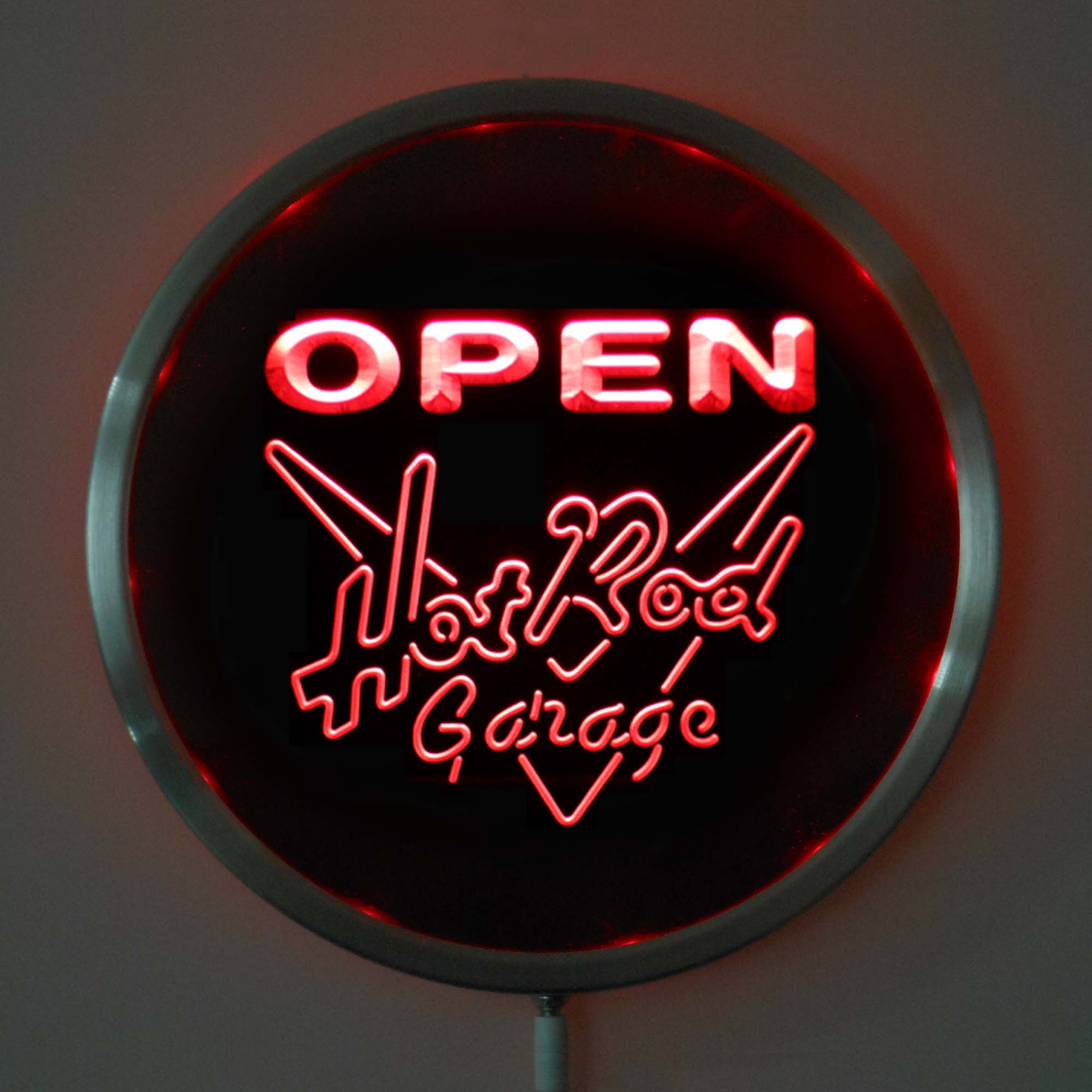 rs-0068 Rod Garage OPEN LED Neon Round Signs 25cm/ 10 Inch - Bar Sign with RGB Multi-Color Remote Wireless Control Function