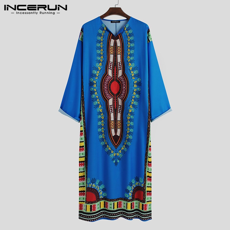 Heren bedrukte islamitische gewaden incerun lange mouwen v-hals jubba thobe vintage man losse arabische islamitische kleding etnische stijl gewaad 5 xl 7