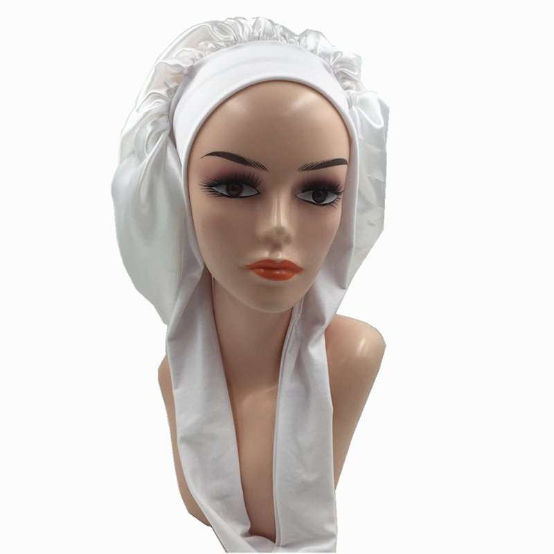 Women Night Sleep Cap Satin Solid Sleeping Hat Hair Care Bonnet Nightcap Unisex Head Cover Caps Shower Turban Wide Elastic Band: White