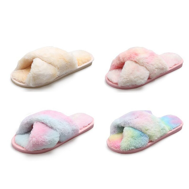 Multi-color Women Fluffy Slipper Shoes Winter Cross-tie Plush Slippers Flat Shoes Warm Faux Fur Slipper Home Ladies Shoes