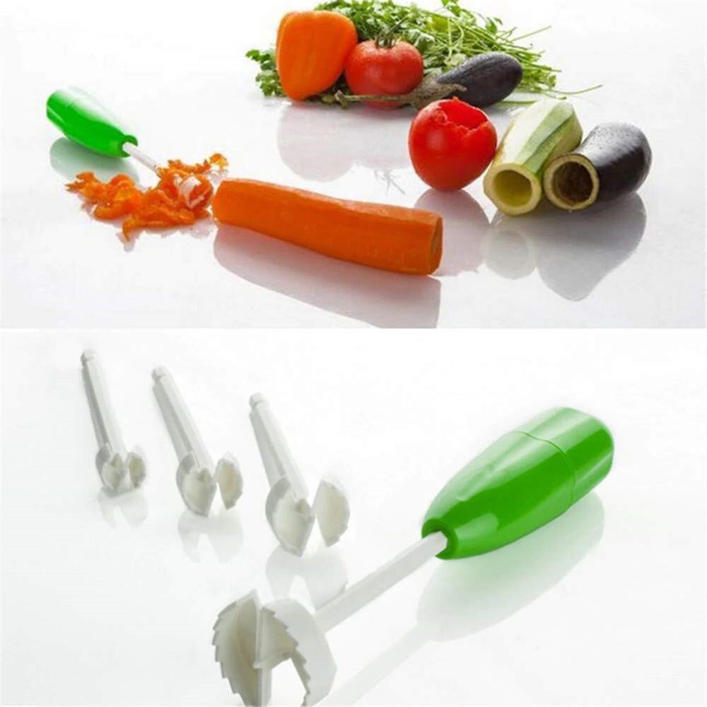 4 In 1 Fruit Vegetable Corer Spiral Digging Vege Drill Veggie Corkscrew Carver with 4Pcs Replaceable Head Spiralizer Cutter Tool