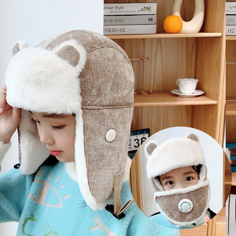 HT3382 Warm Russian Hat Kids Cute Ears Earflap Cap Boys Girls Winter Hats with Mask Children Windproof Russian Cap Bomber Hat