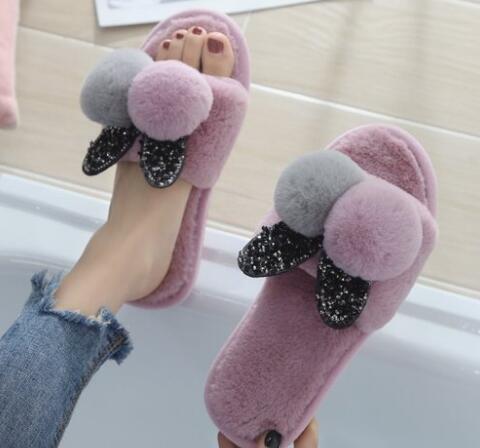 Winter Plush Ball Home Slipper Ladies Warm Short Furry Women Comfort Fur Rabbit Woman Soft Bottom Female Shoes ww20: Pink / 7
