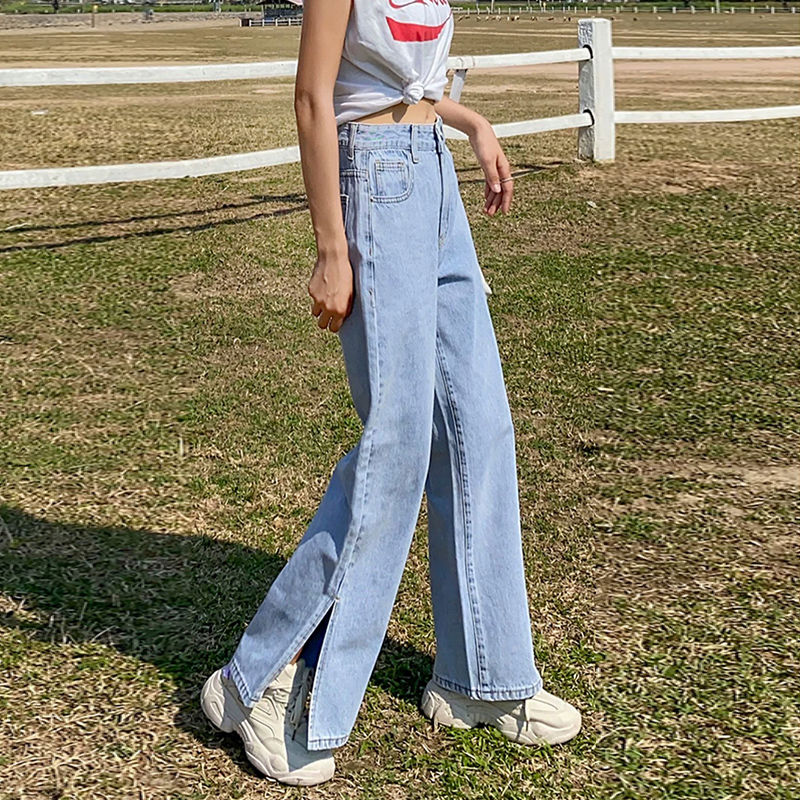 Zomerse gescheurde jeans voor dames, hoge taille denim jeans, harembroek voor dames, coole wijde pijpen, lange blauwe broek