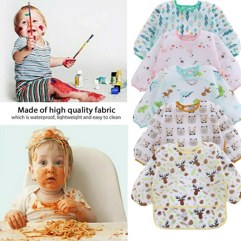 Tablier à manches longues imperméable | Mignon bébé enfant en bas âge, tablier à bavette dessin animé vêtements d'alimentation à bavettes