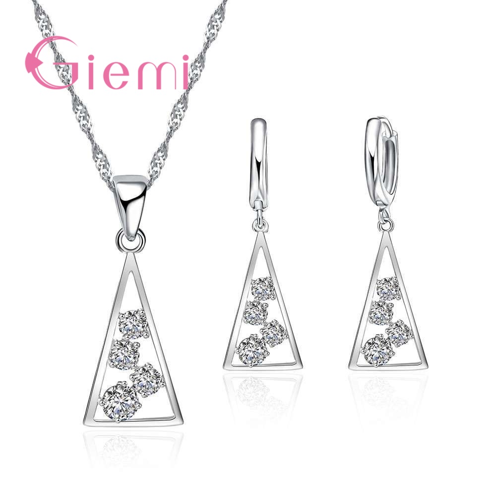 100% 925 Sterling Silver Necklace Pendants for Women Wedding Party Geometry Cubic Zirconia Hoop Earring Sets Lover Girl