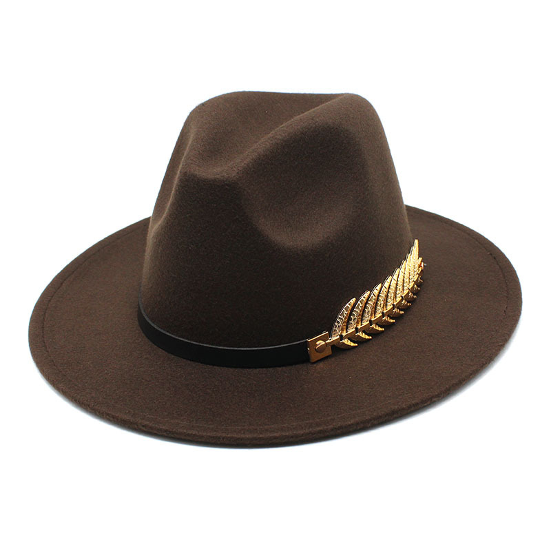 Chapeau en laine à large bord pour femme, chapeau avec chaîne de feuilles en métal, style Jazz, britannique, rétro, Fedora, à la , église, Panama, automne et hiver: Rice coffee / M 56-58CM