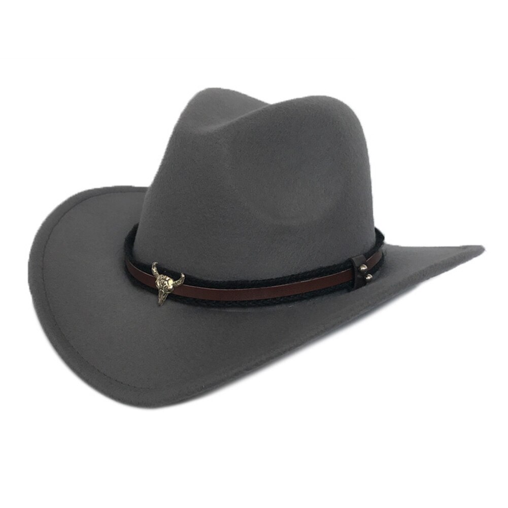 Metal cow head western cowboy hat autumn and winter woolen jazz hat felt hat men and women top hat Clothing Decor Accessory: Grey