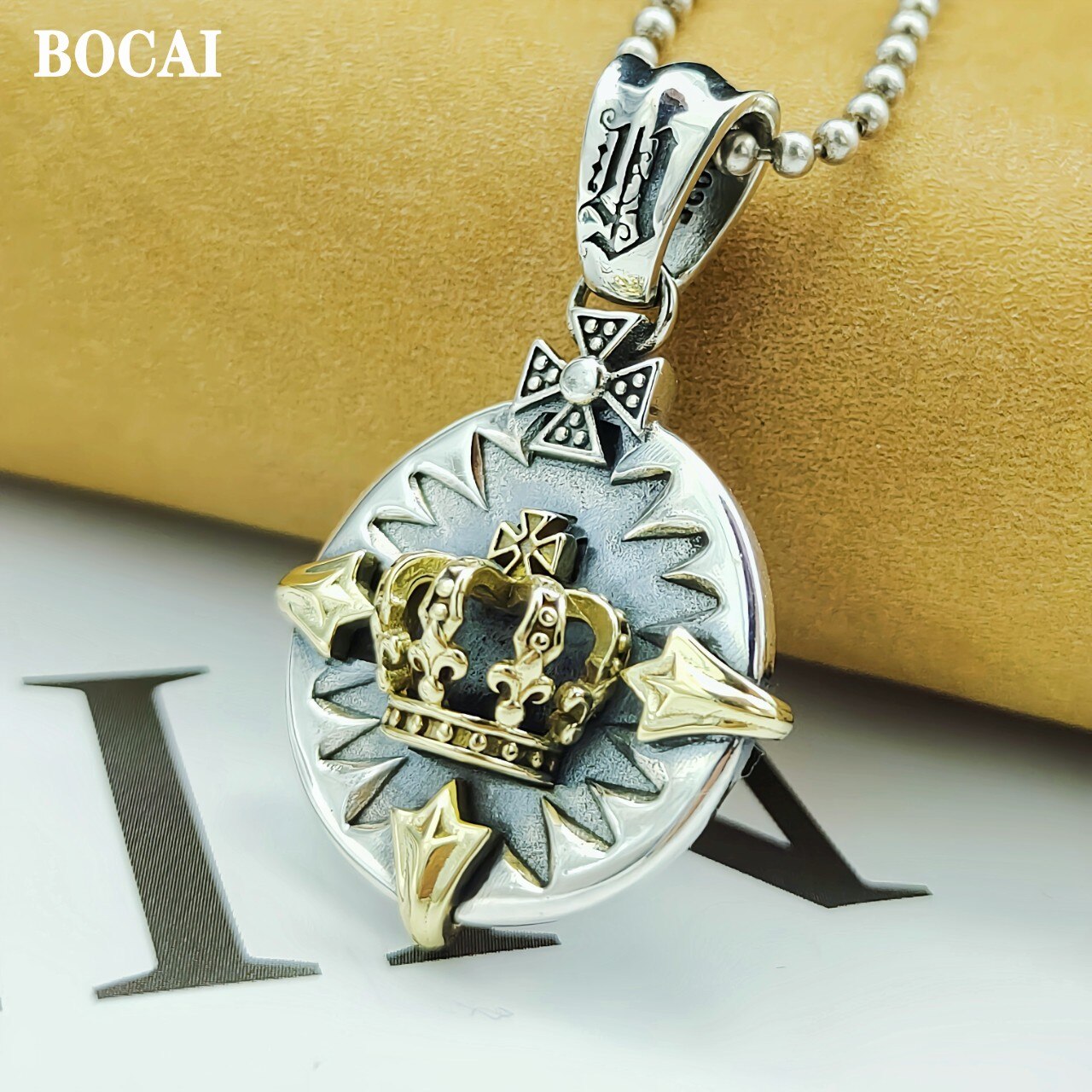 Bocai 2022 pure  s925 silver #39 vintage round card crown cross trendy punk style men pendant valentinstag