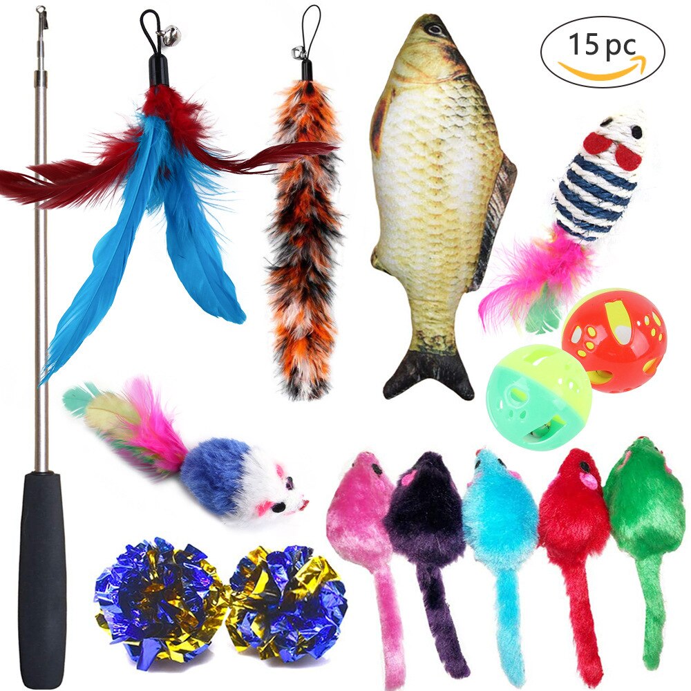 Jouets en forme de souris pour chat, boules en forme de souris, formation pour chaton, ensemble de jouets amusants interactifs, bâton d'herbe à chat, boule de cloche en Sisal, fourniture pour animaux de compagnie,: 15pcs cat toys