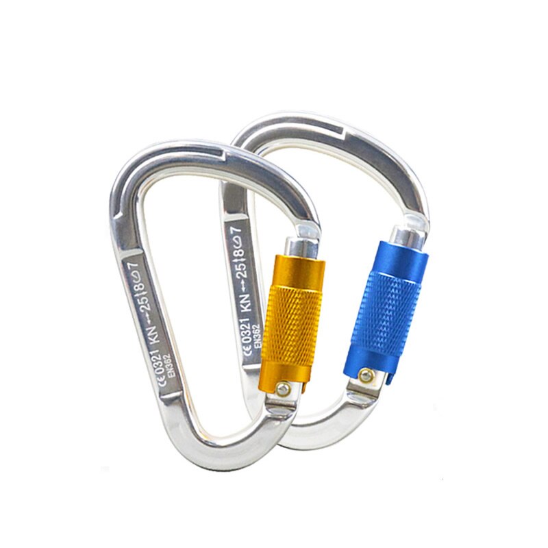 Mosquetón de aluminio con bloqueo automático, hebilla en forma de D para escalada en roca, Yoga, hamaca, Camping, senderismo, deportes al aire libre, 25KN: 1 blue 1 yellow