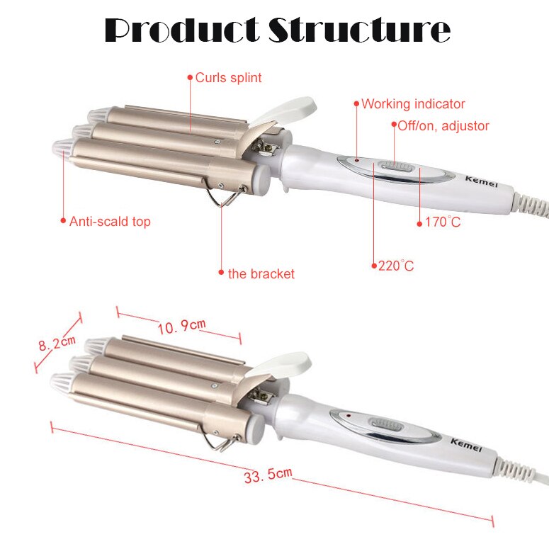 Kemei-fer à friser et boucler les cheveux professionnels, outils de coiffure, Triple sortie, 110-220