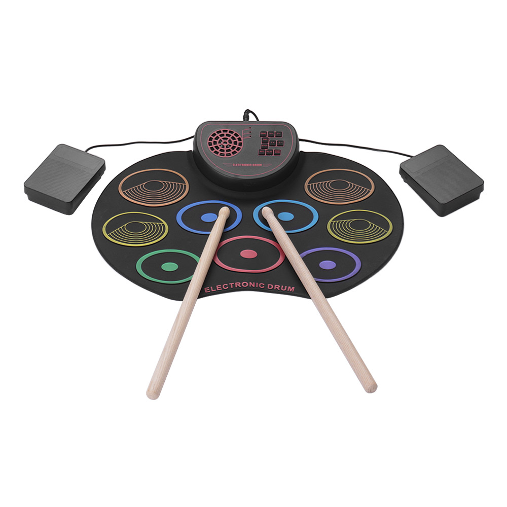 Portable Electronic Drum Set USB Roll Up Drum Pad Kit 9 Drumpads with Sticks and Foot Pedals Digital Percussion Instruments