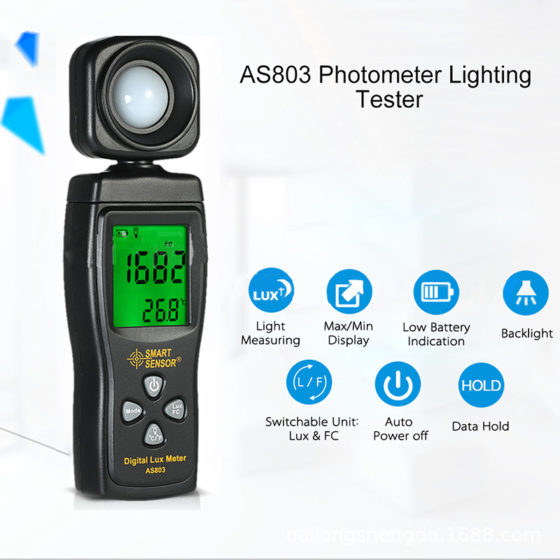SMARTSENSOR AS803 compteur de lumière numérique testeur d'éclairement mesure de température intérieure 200,000 Lux luxmètre