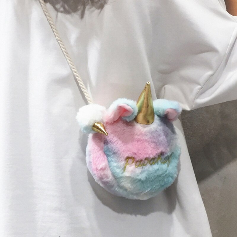 1 PC Bunte Unicon Pelz Tasche Frauen Winter Wolle Kleid Bankett Plüsch Kupplung Umhängetasche Bote Schulter Tasche Mädchen Tasche