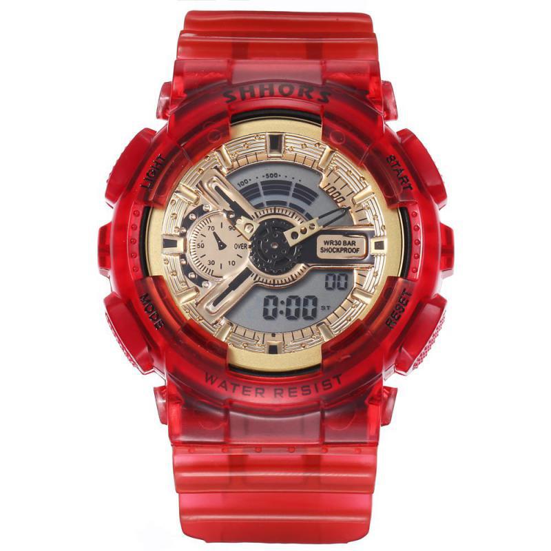 Shhors roze dameshorloges multifunctionele sporthorloges dames led-display analoog digitaal quartzhorloge reloj mujer: Rood