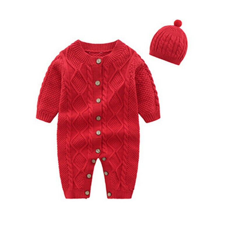 Nyfødt baby pige dreng sæt strikket knap romper jumpsuit hat 2 stk efterår vinter varmt tøj baby solide tøj 0-18m: Rød / 18m