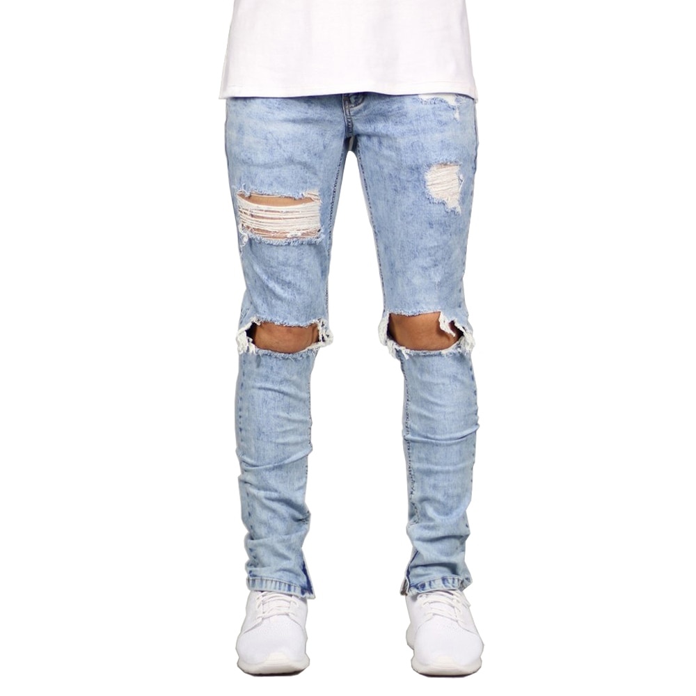 Mænd jeans stretch ødelagte rippet ankel lynlås skinny jeans til mænd