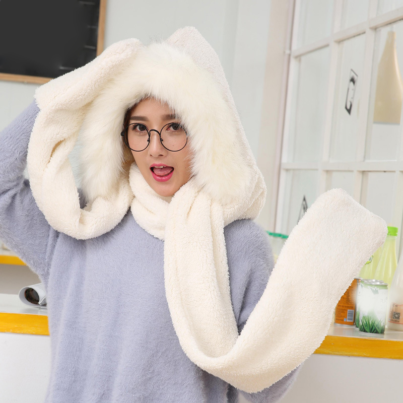 3 In 1 Women Winter Warm Soft Hood Scarf Snood Pocket Hats Gloves Hooded Srarves Scarf Hat Glove 3 Piece Sets: White