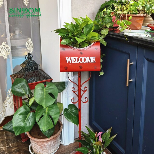 Buzón de hierro antiguo americano para jardín, maceta de flores de pie, para exteriores: Rojo